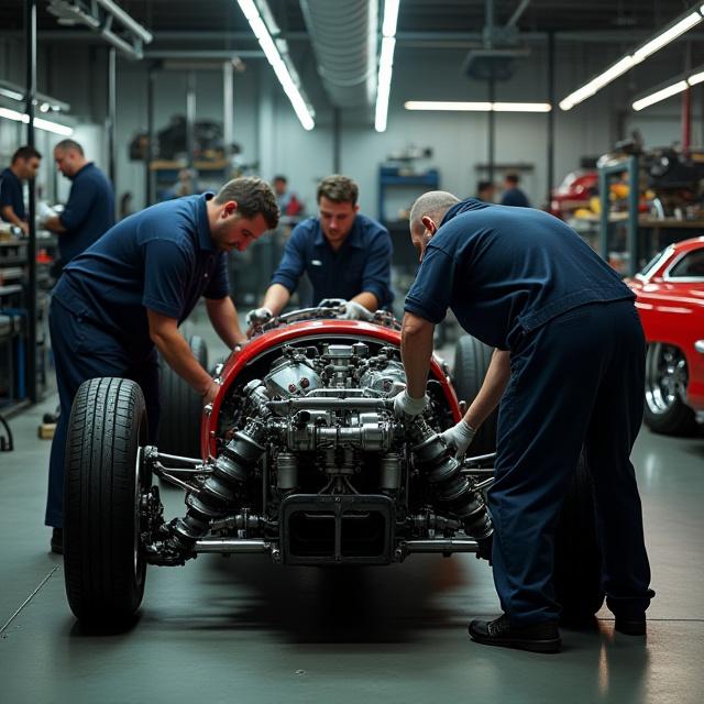 Team of mechanics working on a classic car chassis at Wolverine Wheels