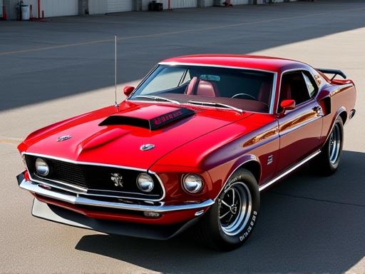 Front quarter view of a restored red 1969 Ford Mustang Boss 429
