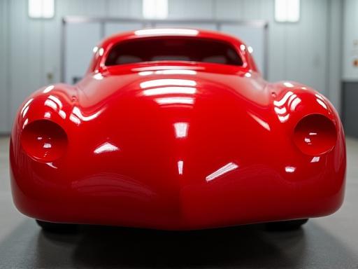 A classic car body shell receiving a coat of glossy red paint in a spray booth