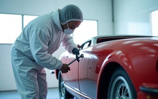 Craftsman painting a vintage car panel in a spray booth
