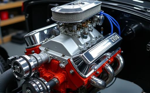 Detailed view of a rebuilt classic car engine
